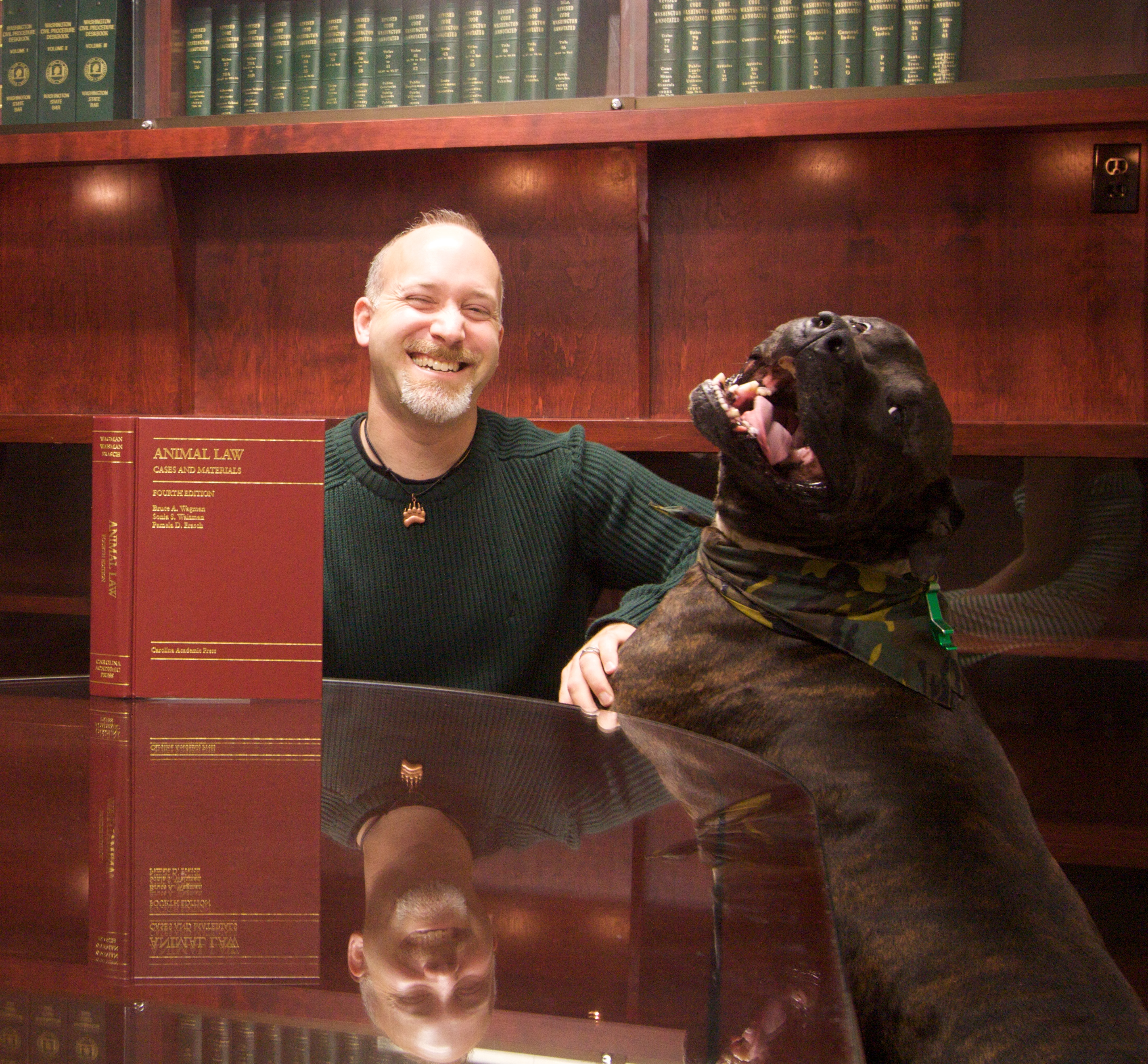 A smiling man in a green sweater sits at a wooden table with a large dog beside him. The dog is wearing a camouflage bandana and is also smiling. In front of the man is a book titled 'Animal Law'. Bookshelves filled with green law books are visible in the background.